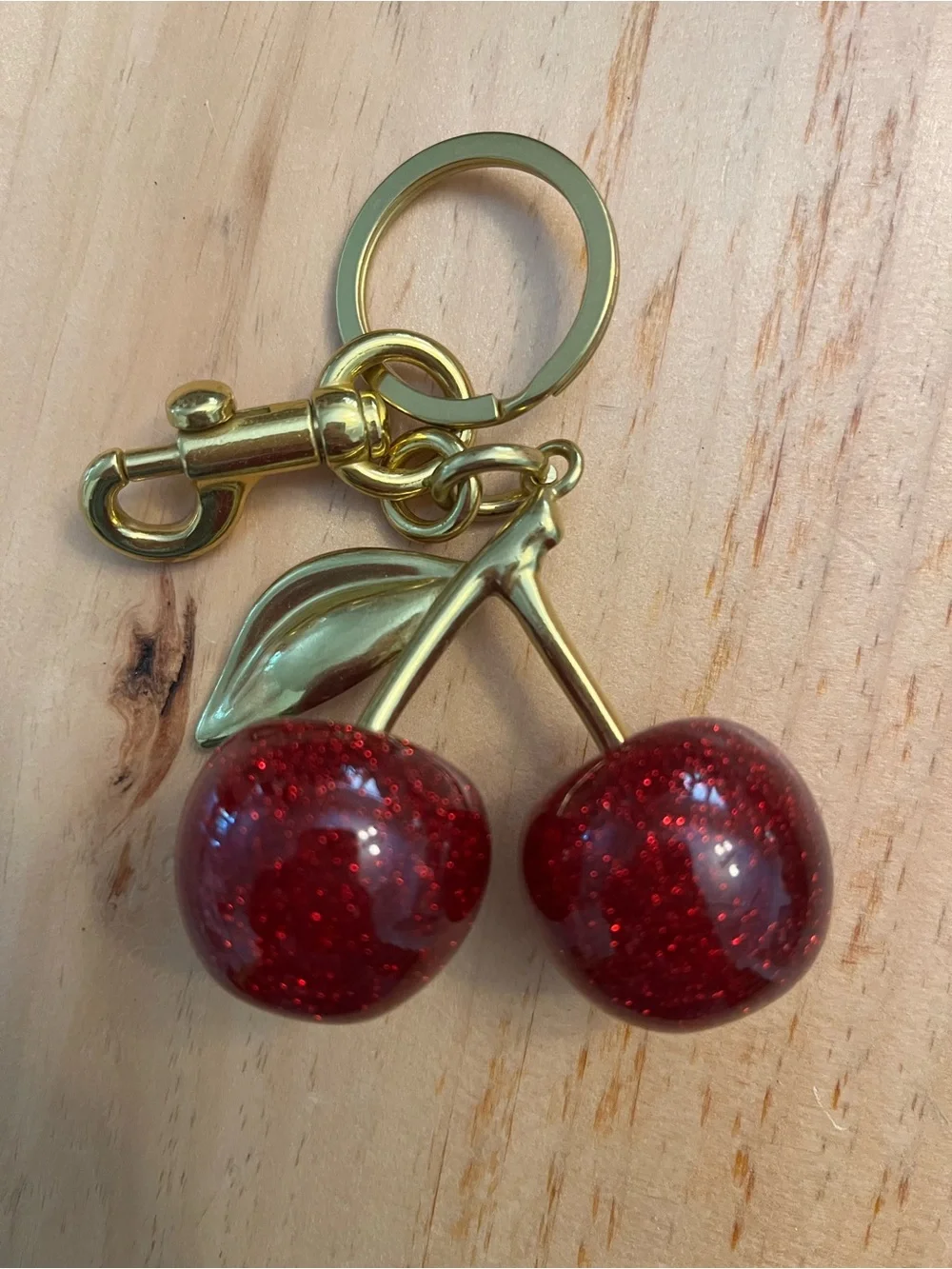 Gold Cherry Keychain with Glitter Red Charms